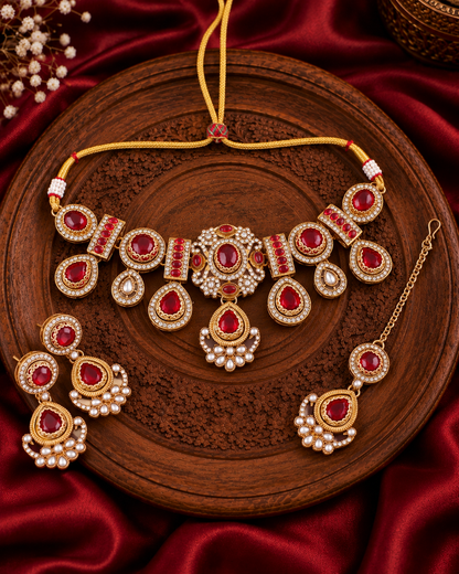 Red Taanika Premium Sabya Inspired Necklace Set with Earring & Teeka