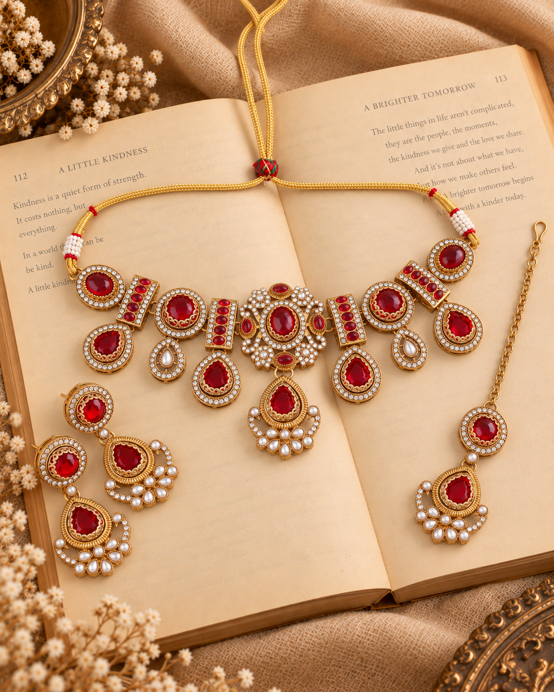 Red Taanika Premium Sabya Inspired Necklace Set with Earring & Teeka