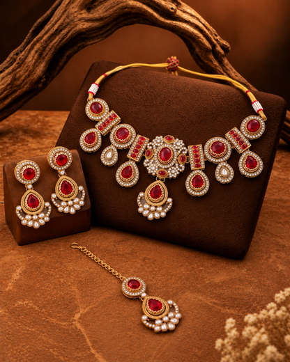 Red Taanika Premium Sabya Inspired Necklace Set with Earring & Teeka