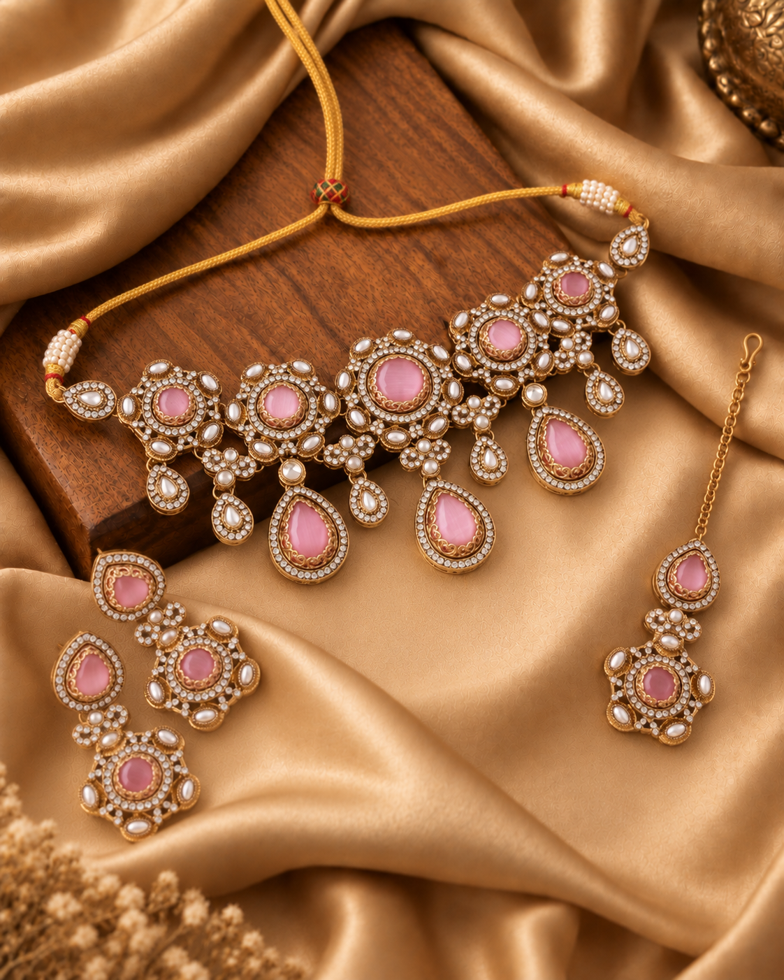 Blush Aarzohi Premium Sabya Inspired Necklace Set with Earring & Teeka