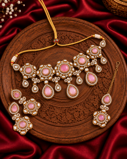 Blush Aarzohi Premium Sabya Inspired Necklace Set with Earring & Teeka