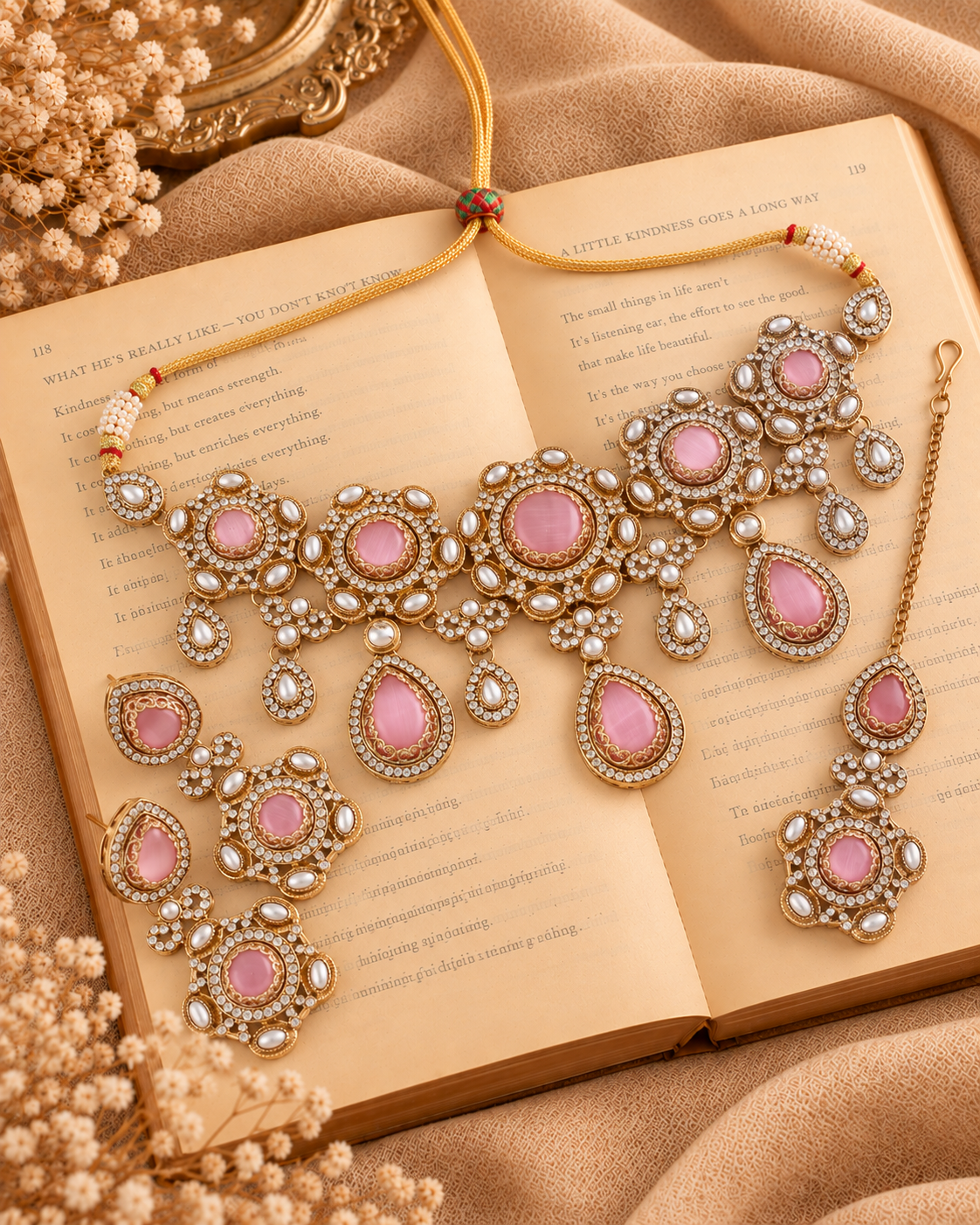 Blush Aarzohi Premium Sabya Inspired Necklace Set with Earring & Teeka