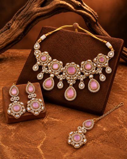 Blush Aarzohi Premium Sabya Inspired Necklace Set with Earring & Teeka
