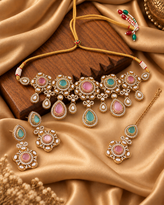 Pastel Aarzohi Premium Sabya Inspired Necklace Set with Earring & Teeka