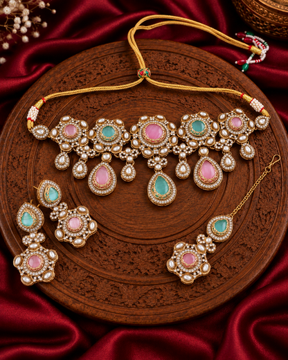 Pastel Aarzohi Premium Sabya Inspired Necklace Set with Earring & Teeka