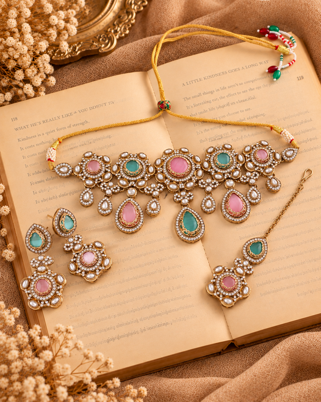 Pastel Aarzohi Premium Sabya Inspired Necklace Set with Earring & Teeka