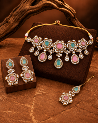 Pastel Aarzohi Premium Sabya Inspired Necklace Set with Earring & Teeka