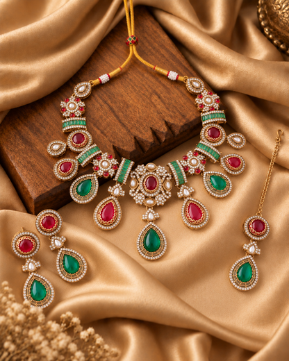 Ruby Green Arovia Premium Sabya Inspired Necklace Set with Earring & Teeka
