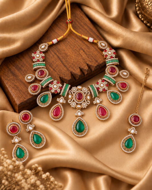 Ruby Green Arovia Premium Sabya Inspired Necklace Set with Earring & Teeka