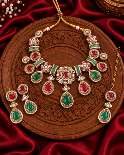 Ruby Green Arovia Premium Sabya Inspired Necklace Set with Earring & Teeka