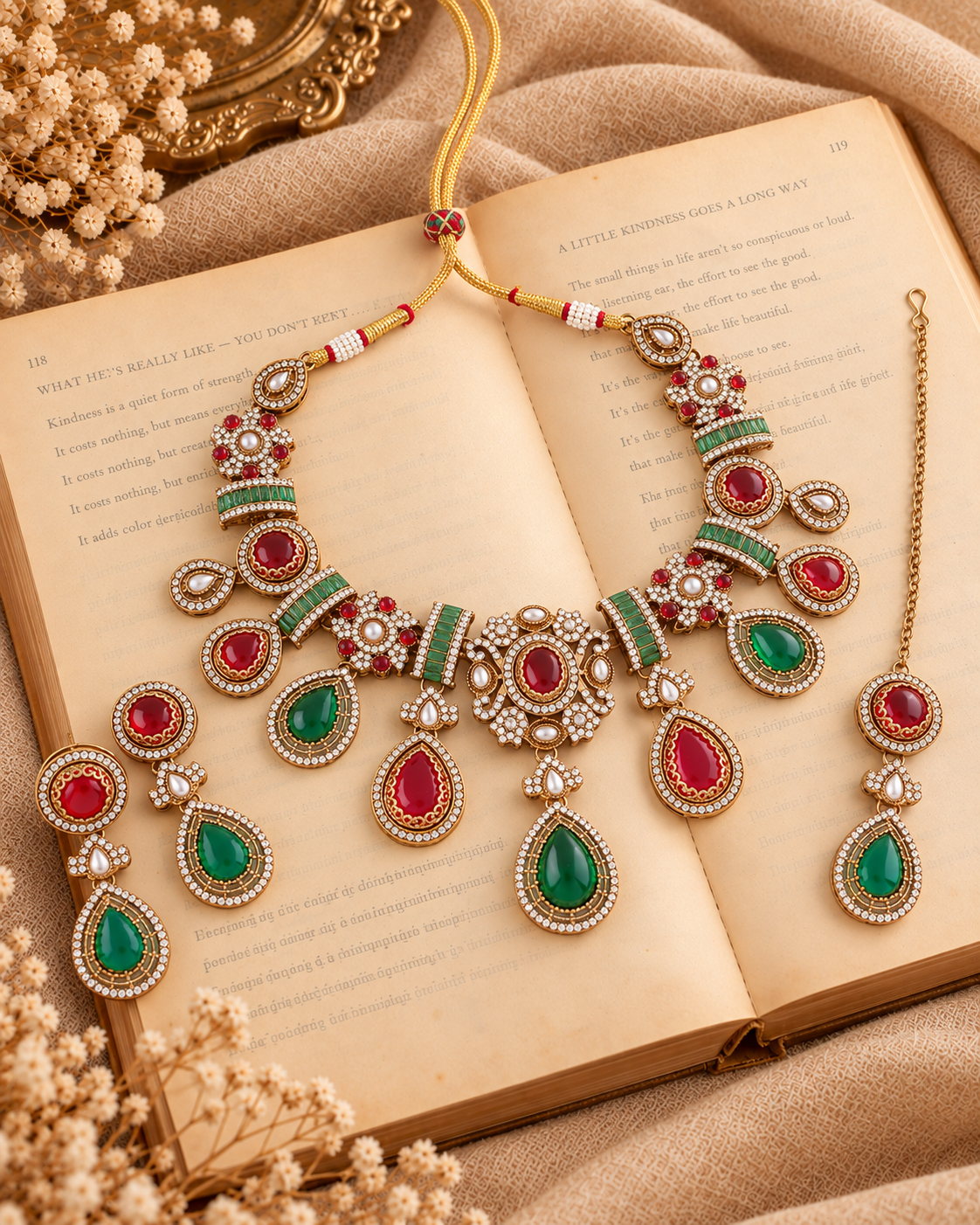 Ruby Green Arovia Premium Sabya Inspired Necklace Set with Earring & Teeka
