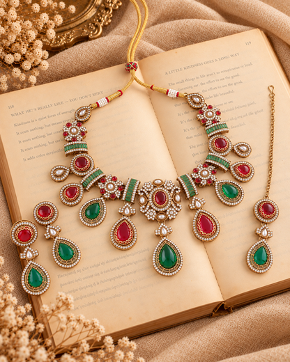 Ruby Green Arovia Premium Sabya Inspired Necklace Set with Earring & Teeka