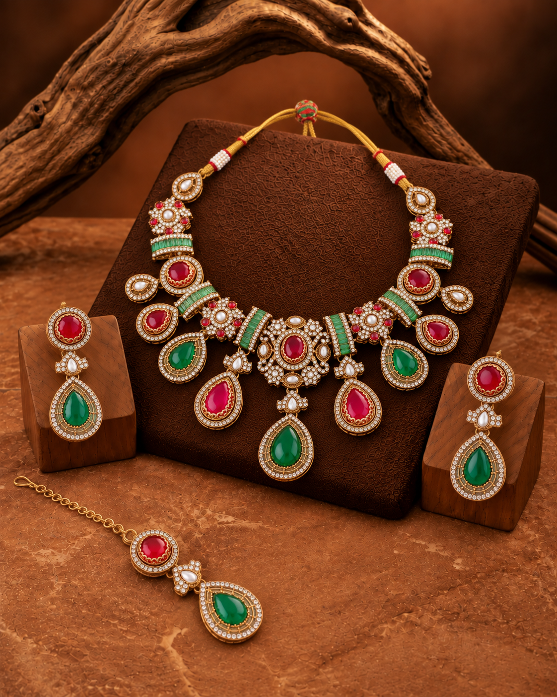 Ruby Green Arovia Premium Sabya Inspired Necklace Set with Earring & Teeka