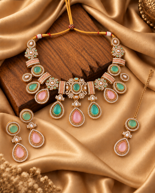 Pastel Arovia Premium Sabya Inspired Necklace Set with Earring & Teeka