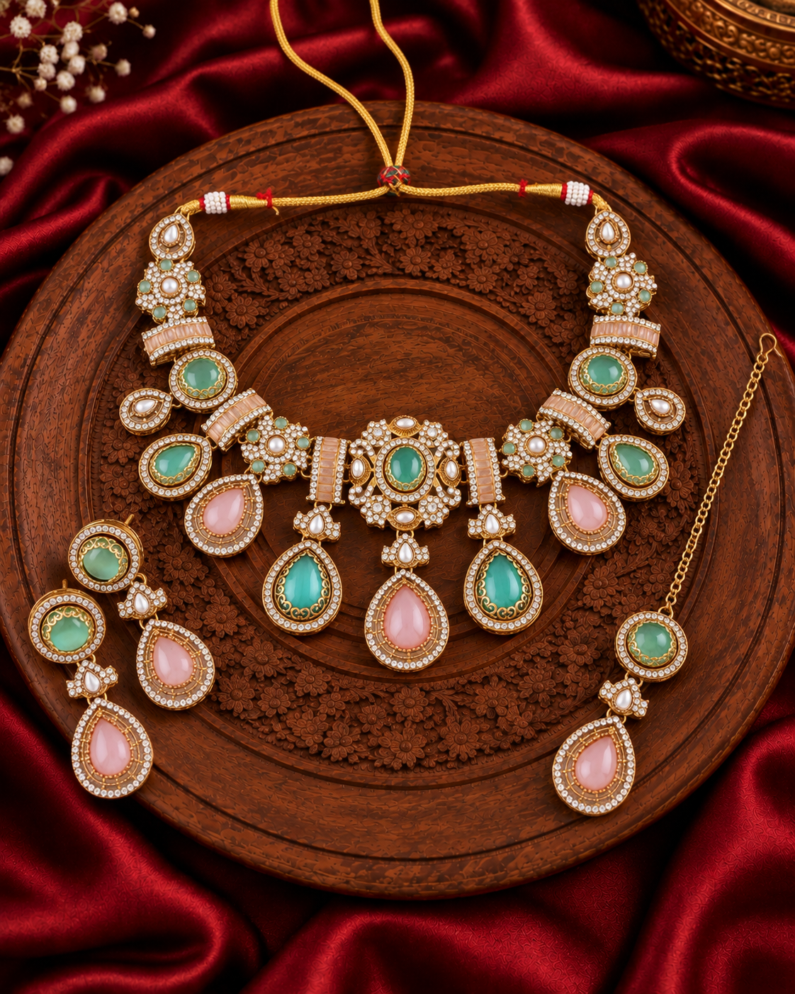 Pastel Arovia Premium Sabya Inspired Necklace Set with Earring & Teeka
