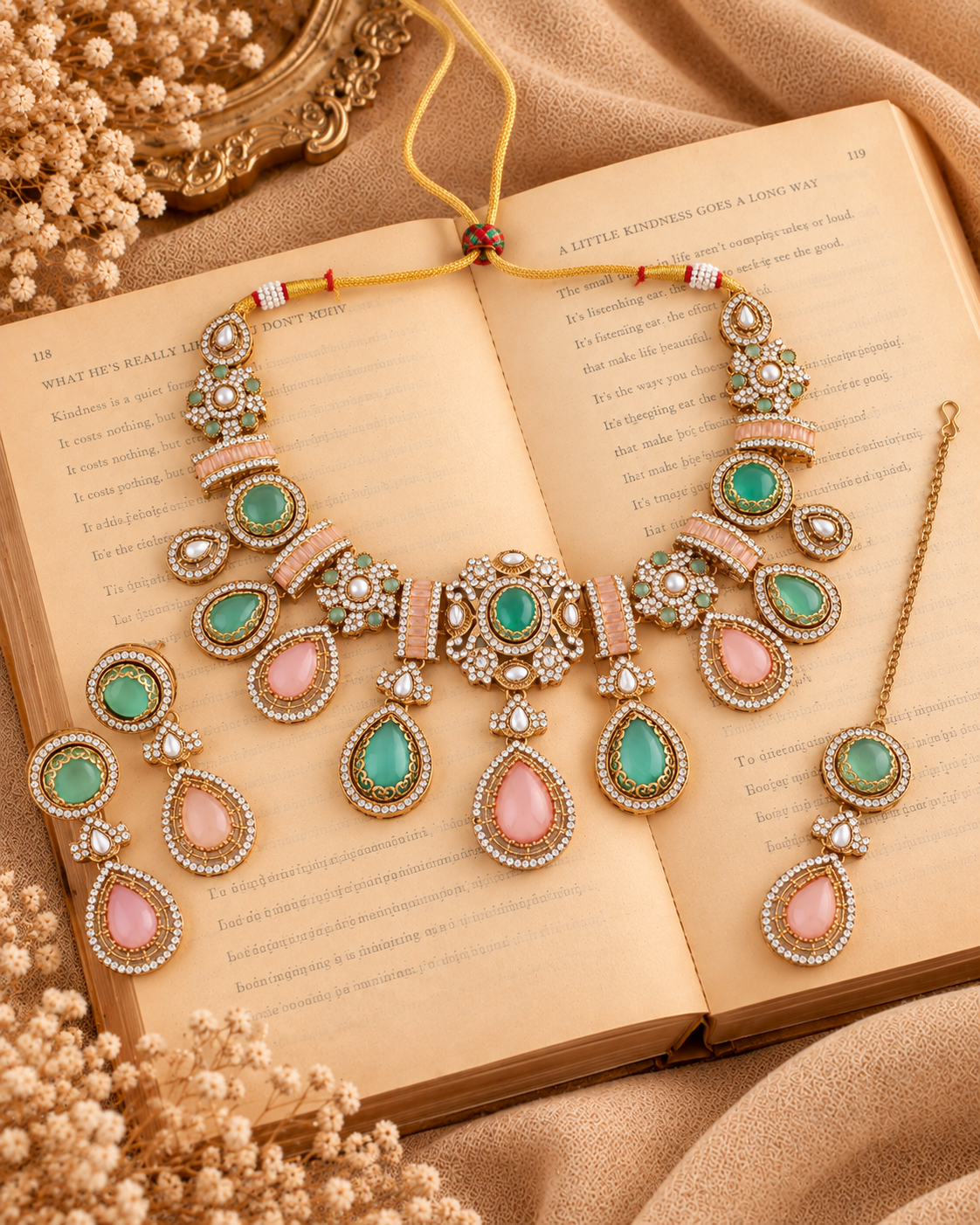 Pastel Arovia Premium Sabya Inspired Necklace Set with Earring & Teeka