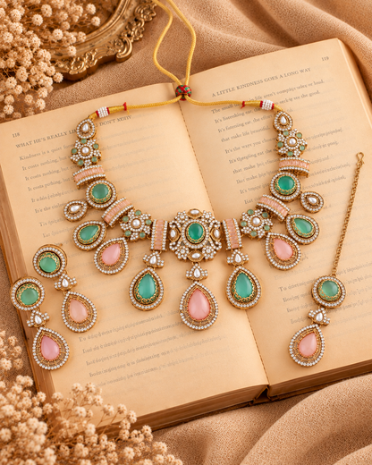 Pastel Arovia Premium Sabya Inspired Necklace Set with Earring & Teeka