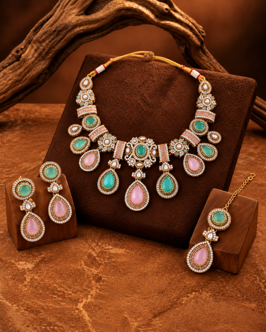 Pastel Arovia Premium Sabya Inspired Necklace Set with Earring & Teeka