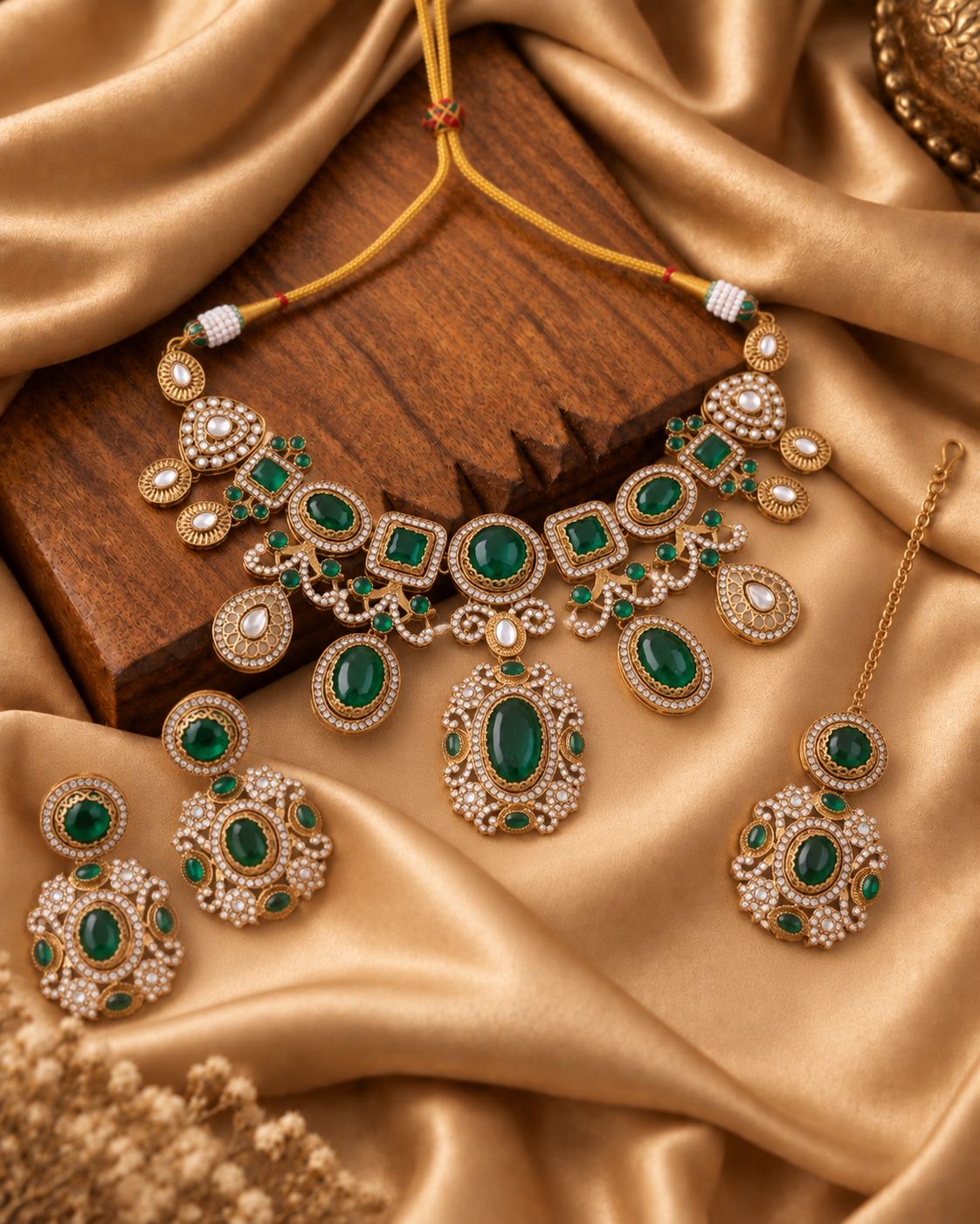 Emerald Myraya Premium Sabya Inspired Necklace Set with Earring & Teeka
