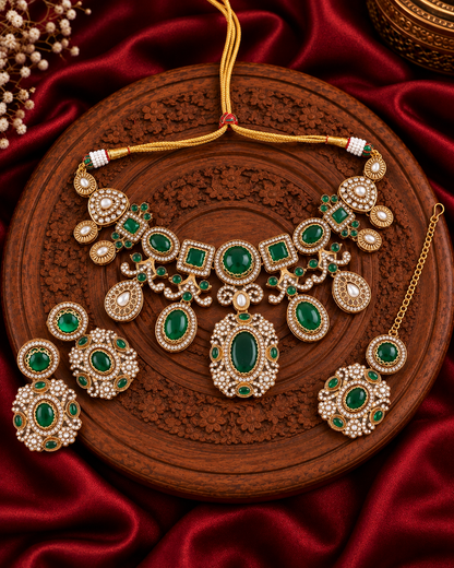 Emerald Myraya Premium Sabya Inspired Necklace Set with Earring & Teeka