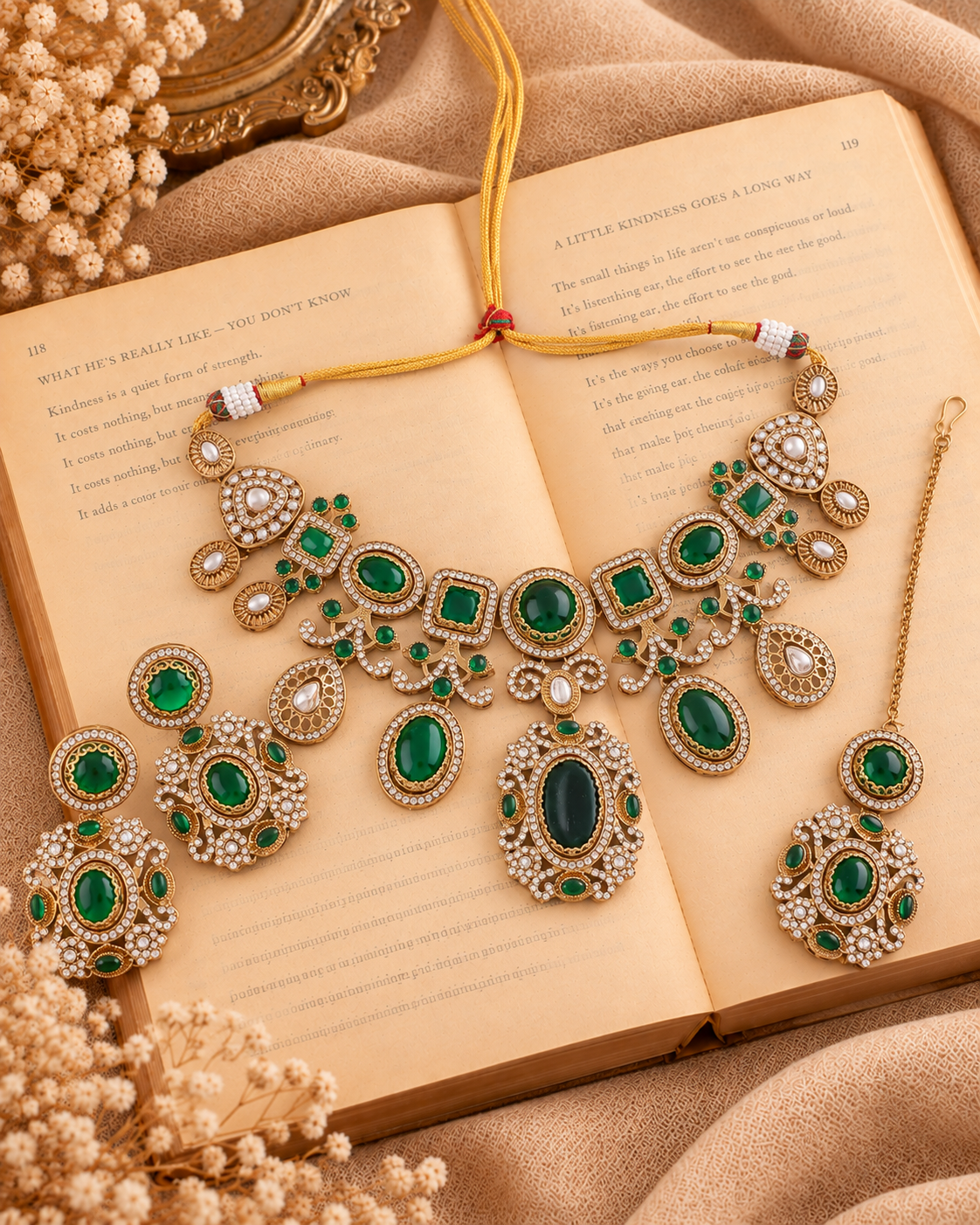 Emerald Myraya Premium Sabya Inspired Necklace Set with Earring & Teeka