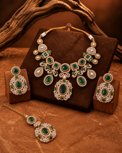 Emerald Myraya Premium Sabya Inspired Necklace Set with Earring & Teeka