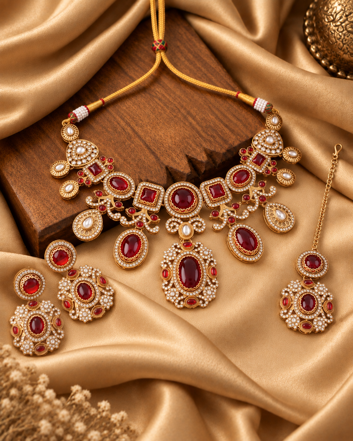 Ruby Myraya Premium Sabya Inspired Necklace Set with Earring & Teeka