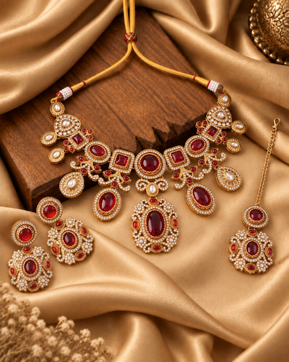 Ruby Myraya Premium Sabya Inspired Necklace Set with Earring & Teeka