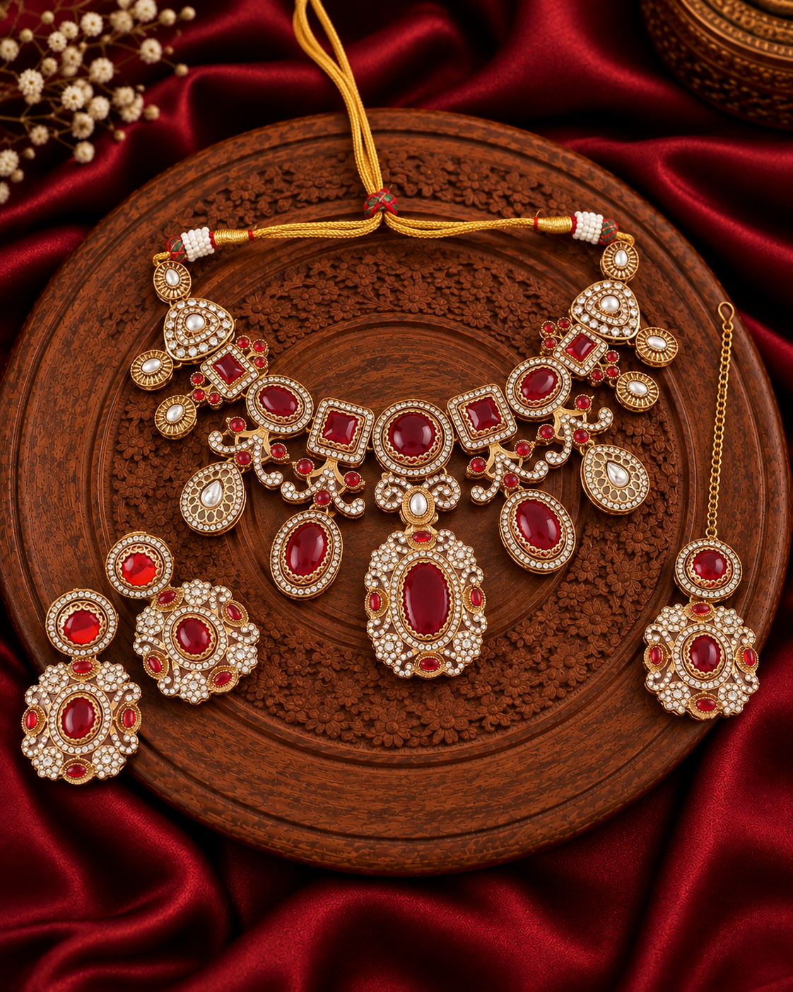 Ruby Myraya Premium Sabya Inspired Necklace Set with Earring & Teeka
