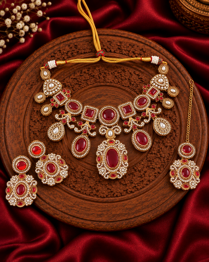 Ruby Myraya Premium Sabya Inspired Necklace Set with Earring & Teeka