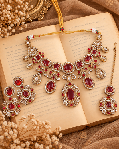 Ruby Myraya Premium Sabya Inspired Necklace Set with Earring & Teeka