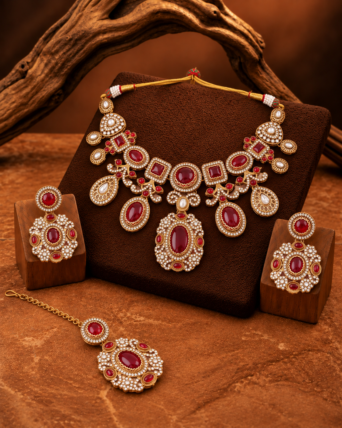 Ruby Myraya Premium Sabya Inspired Necklace Set with Earring & Teeka