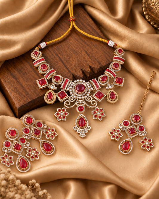 Red Narzika Premium Sabya Inspired Necklace Set with Earring & Teeka