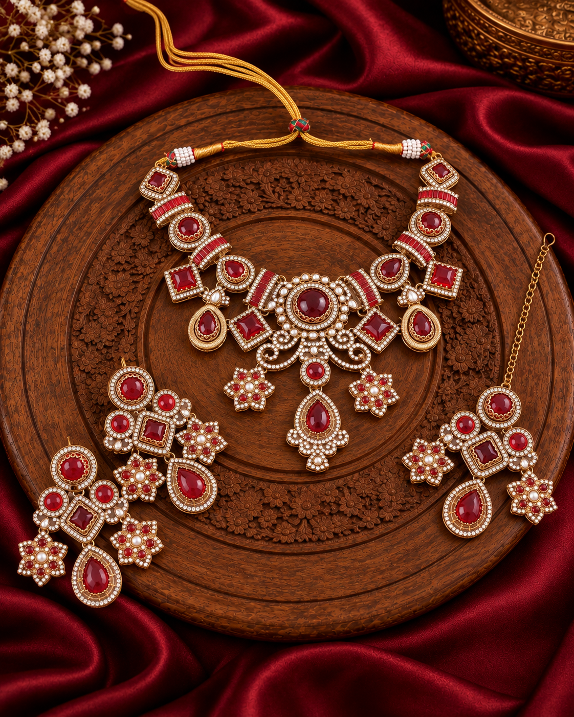 Red Narzika Premium Sabya Inspired Necklace Set with Earring & Teeka