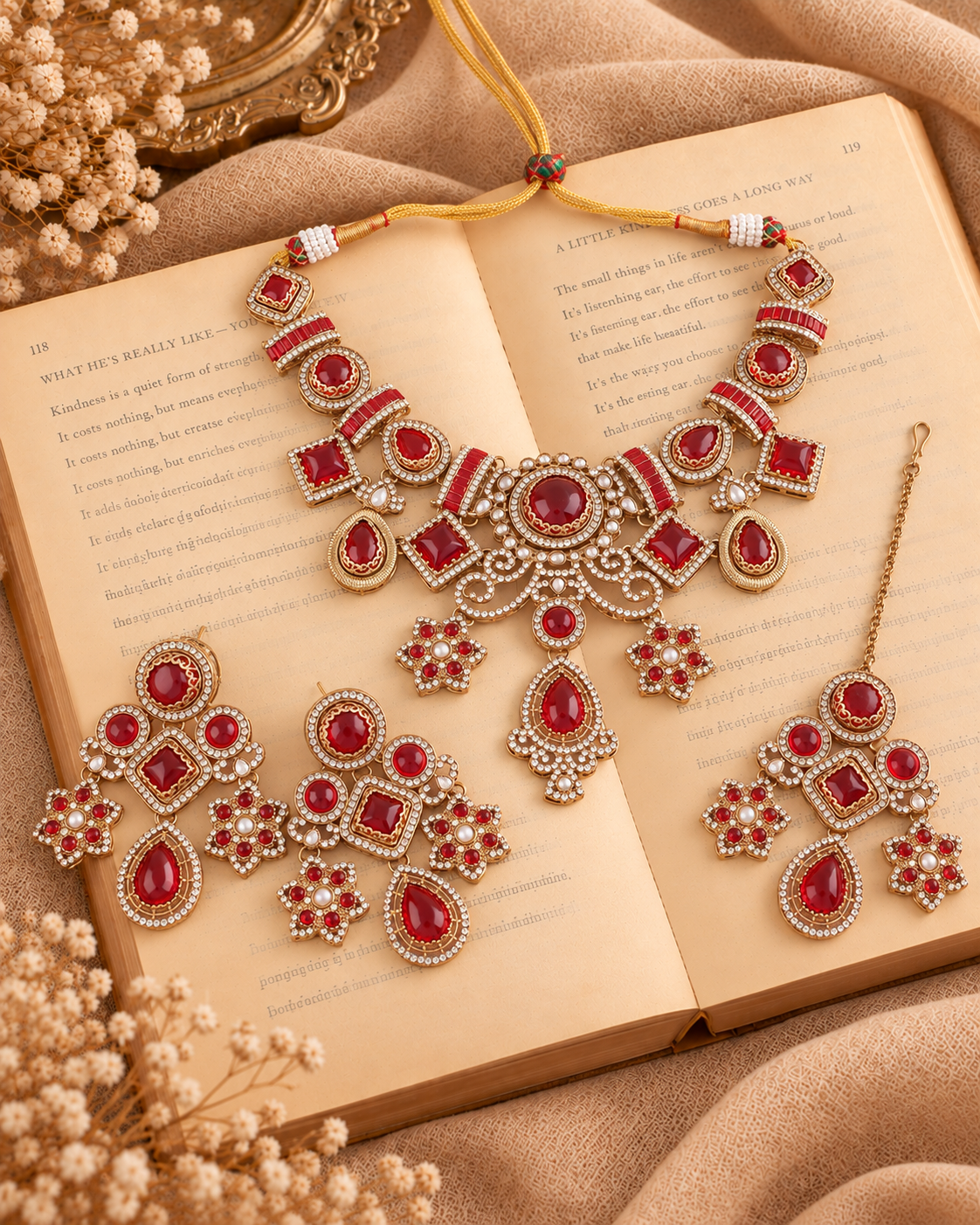 Red Narzika Premium Sabya Inspired Necklace Set with Earring & Teeka