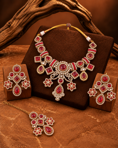 Red Narzika Premium Sabya Inspired Necklace Set with Earring & Teeka