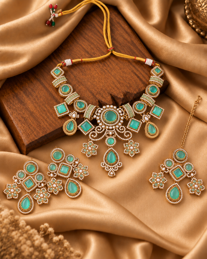 Mint Narzika Premium Sabya Inspired Necklace Set with Earring & Teeka