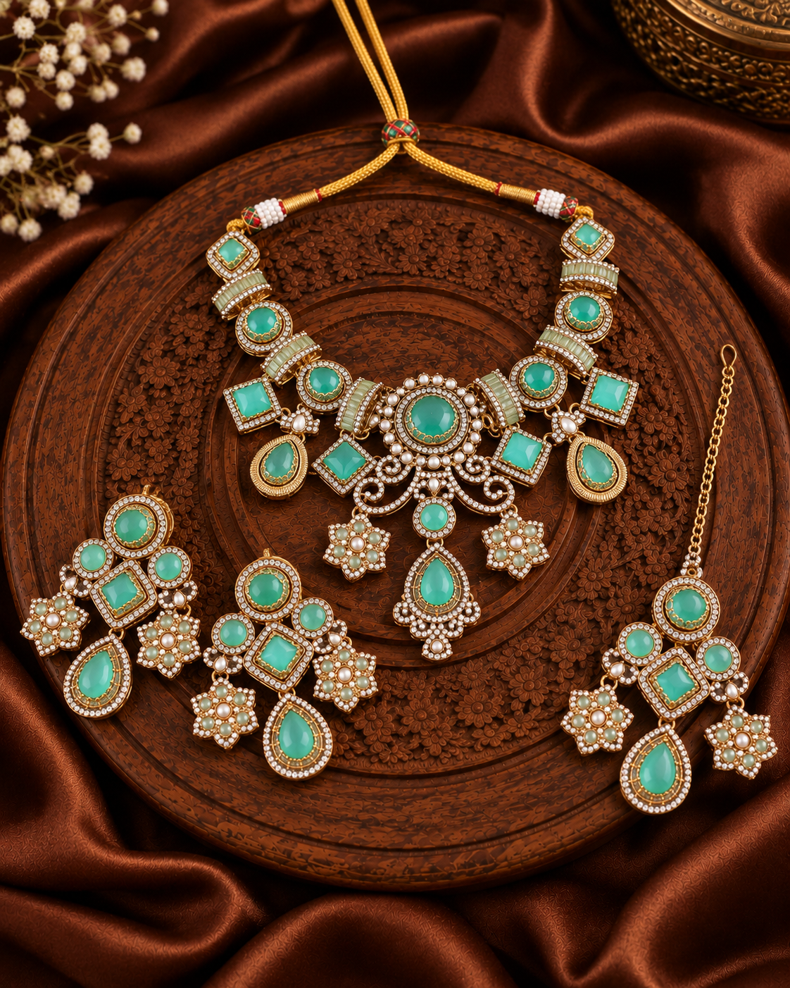 Mint Narzika Premium Sabya Inspired Necklace Set with Earring & Teeka