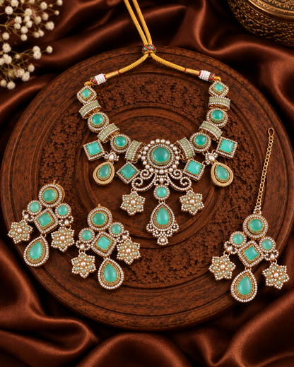 Mint Narzika Premium Sabya Inspired Necklace Set with Earring & Teeka