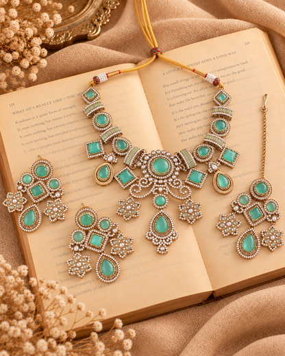 Mint Narzika Premium Sabya Inspired Necklace Set with Earring & Teeka