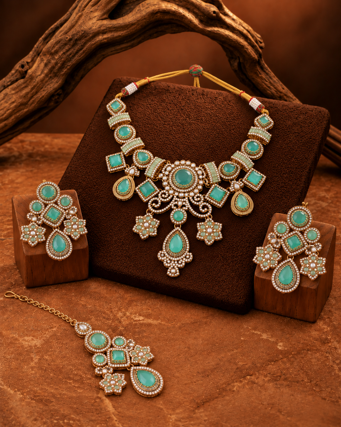 Mint Narzika Premium Sabya Inspired Necklace Set with Earring & Teeka