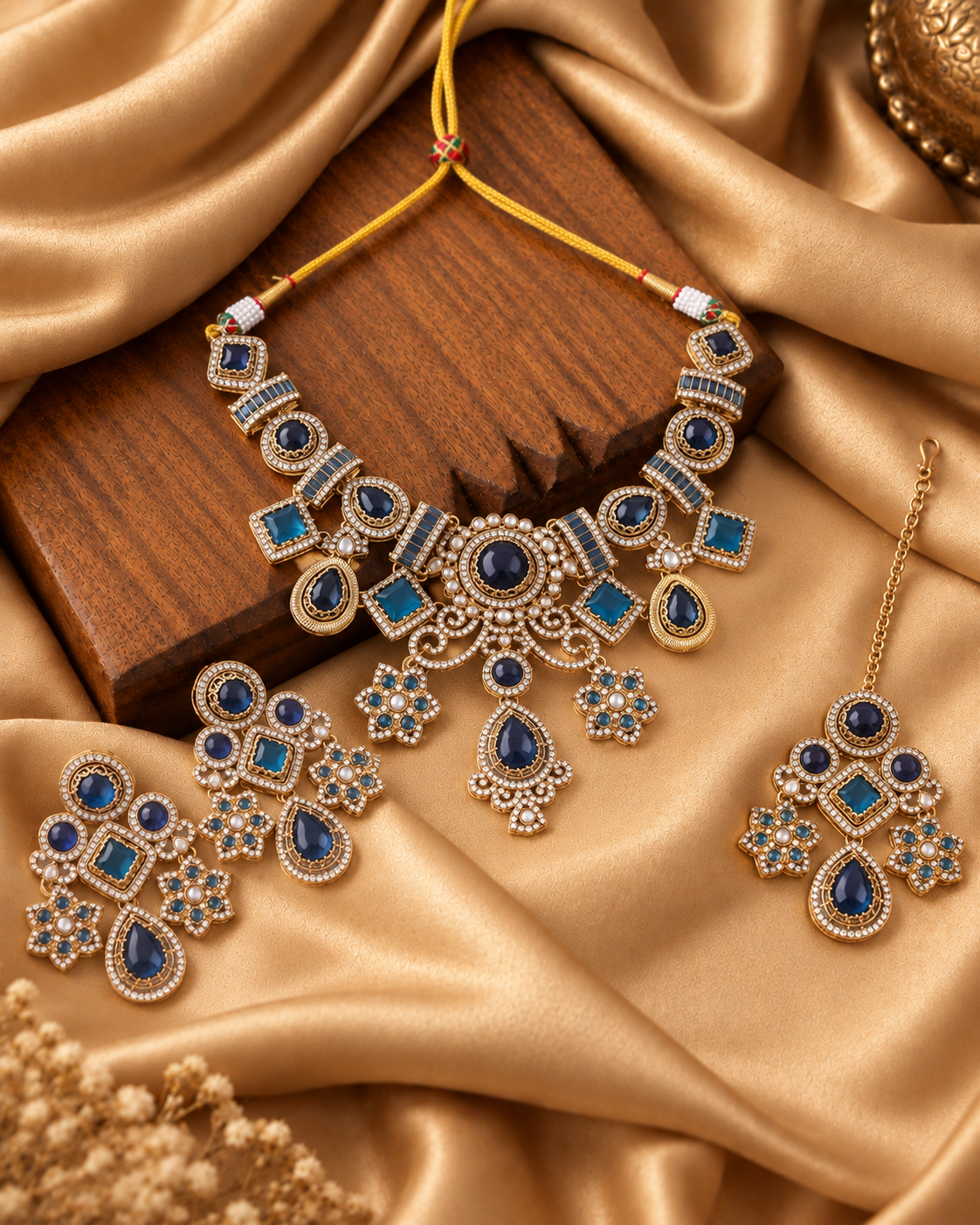 Blue Narzika Premium Sabya Inspired Necklace Set with Earring & Teeka