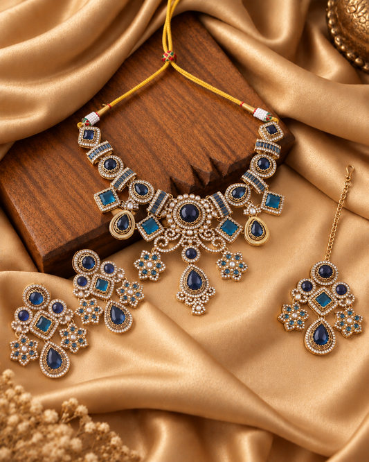 Blue Narzika Premium Sabya Inspired Necklace Set with Earring & Teeka