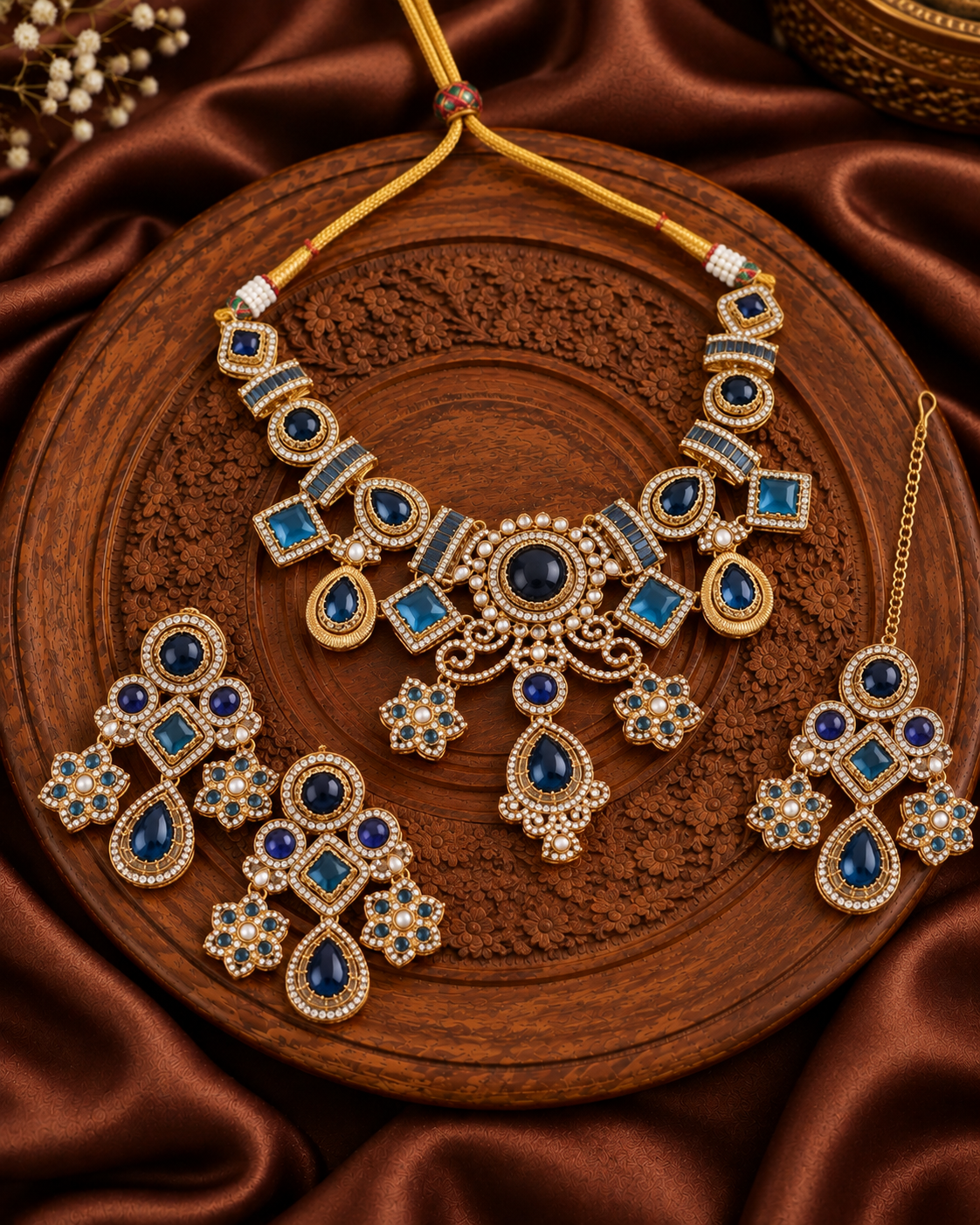 Blue Narzika Premium Sabya Inspired Necklace Set with Earring & Teeka
