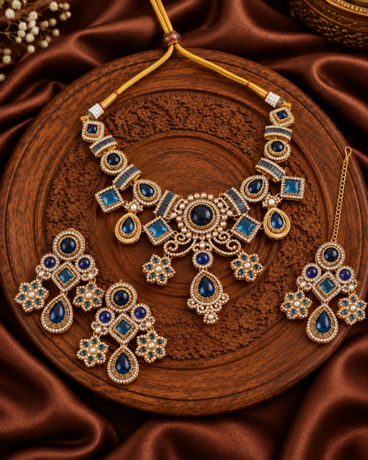 Blue Narzika Premium Sabya Inspired Necklace Set with Earring & Teeka