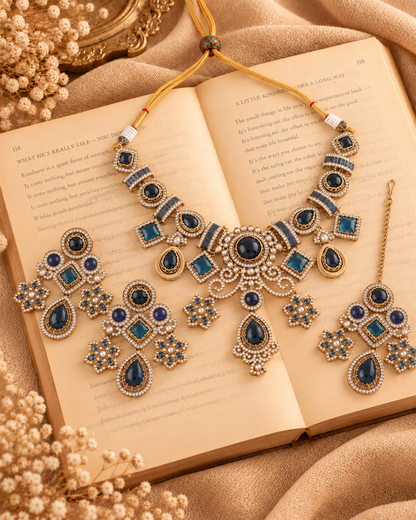 Blue Narzika Premium Sabya Inspired Necklace Set with Earring & Teeka