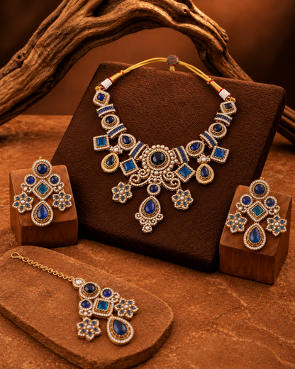 Blue Narzika Premium Sabya Inspired Necklace Set with Earring & Teeka