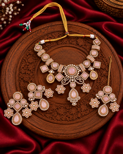 Blush Narzika Premium Sabya Inspired Necklace Set with Earring & Teeka
