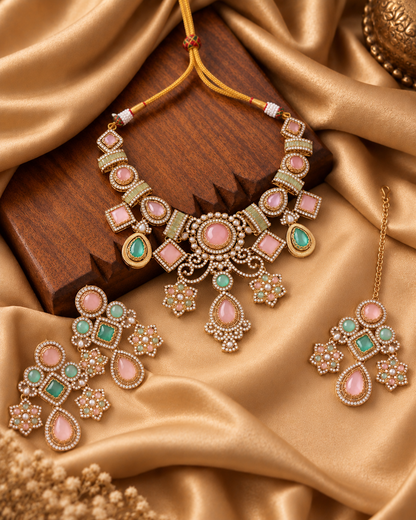 Blush Mint Narzika Premium Sabya Inspired Necklace Set with Earring & Teeka