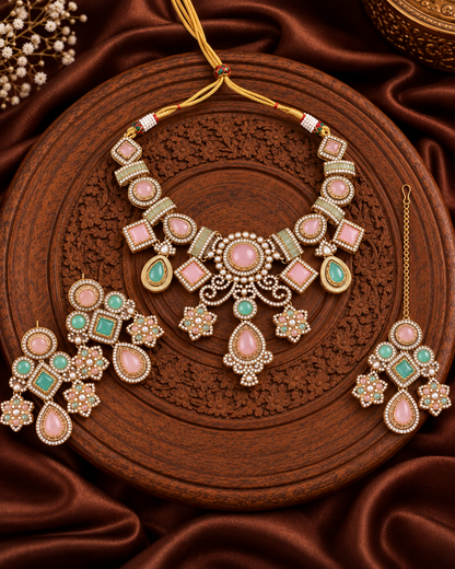 Blush Mint Narzika Premium Sabya Inspired Necklace Set with Earring & Teeka